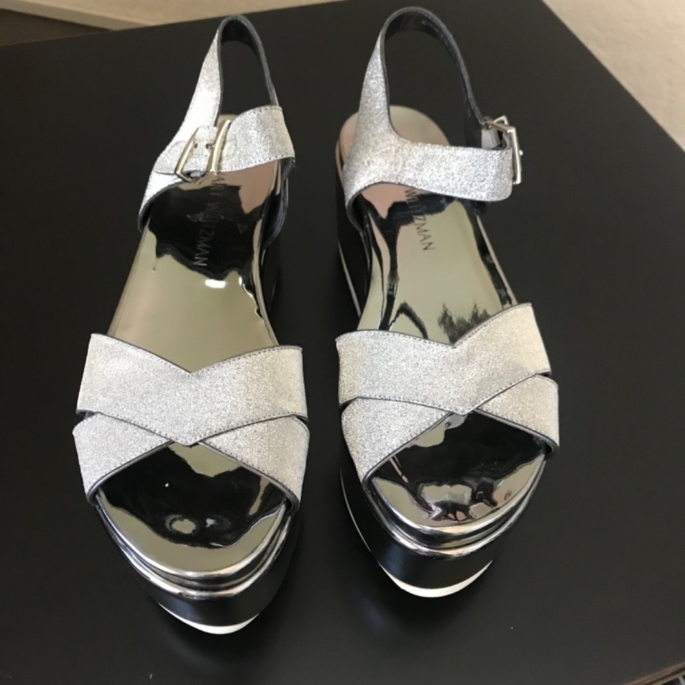 Stuart Weitzman Crosspath Pewter Glitterati Platform Sandals .NWT. Size 7N - Picture 2 of 9